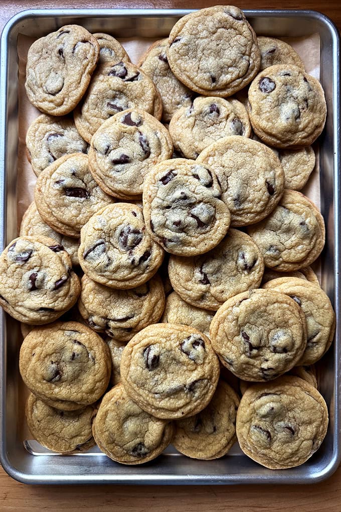 A tray of soft and chewy chocolate chip cookies.