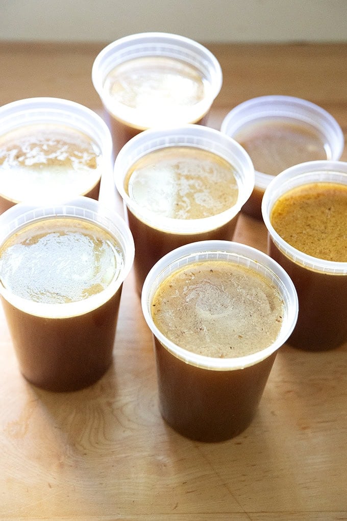 Six and a half quarts of freshly made turkey stock.