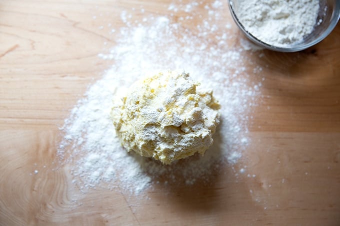 Ricotta gnocchi dough turned out onto a floured work surface.