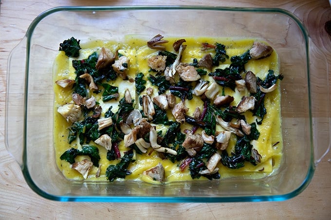 A layer of vegetables in a vegetable lasagna.