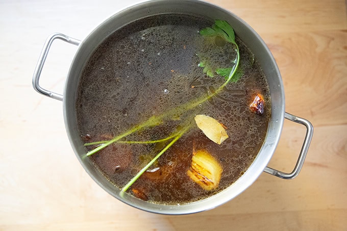 A large pot of turkey stock ready to start its long simmer.
