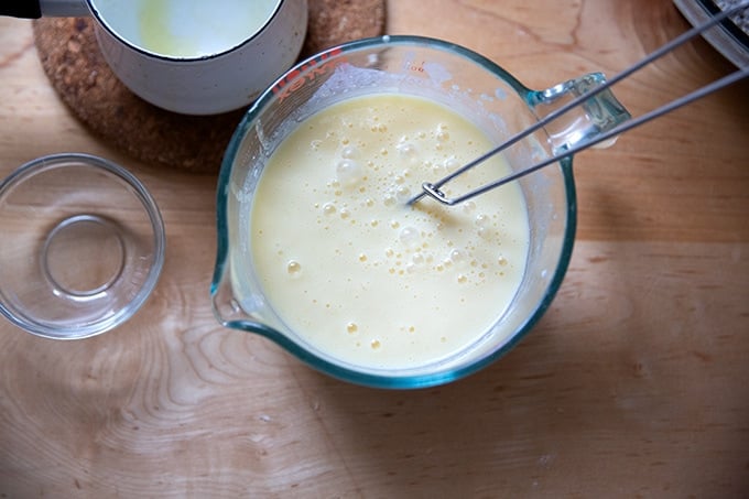 The wet ingredients for Irish brown bread whisked together.