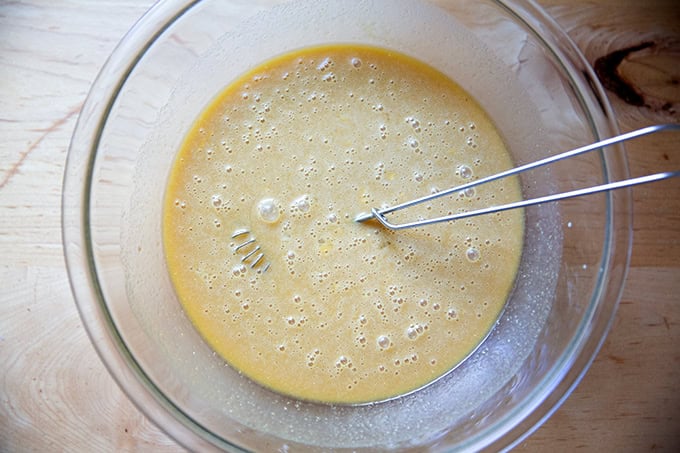The whisked together custard to make salted maple pie.
