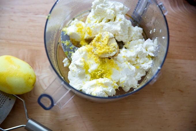 Rcotta, lemon zest, salt and olive oil, in a food processor.