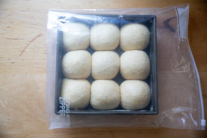 A pan of hot cross buns in a ziplock bag.