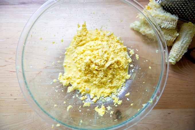 Grated corn in a bowl. 