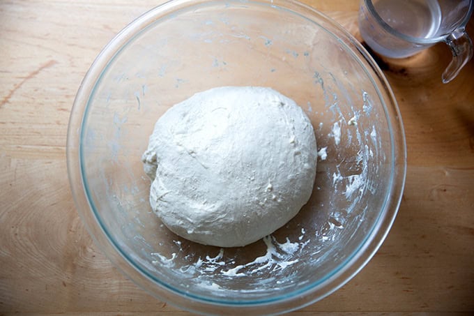 A stretched and folded batch of sourdough dough.