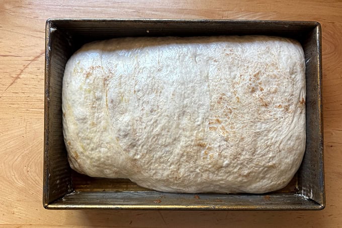 Cinnamon sugar focaccia after 1 hour of proofing at room temperature. 