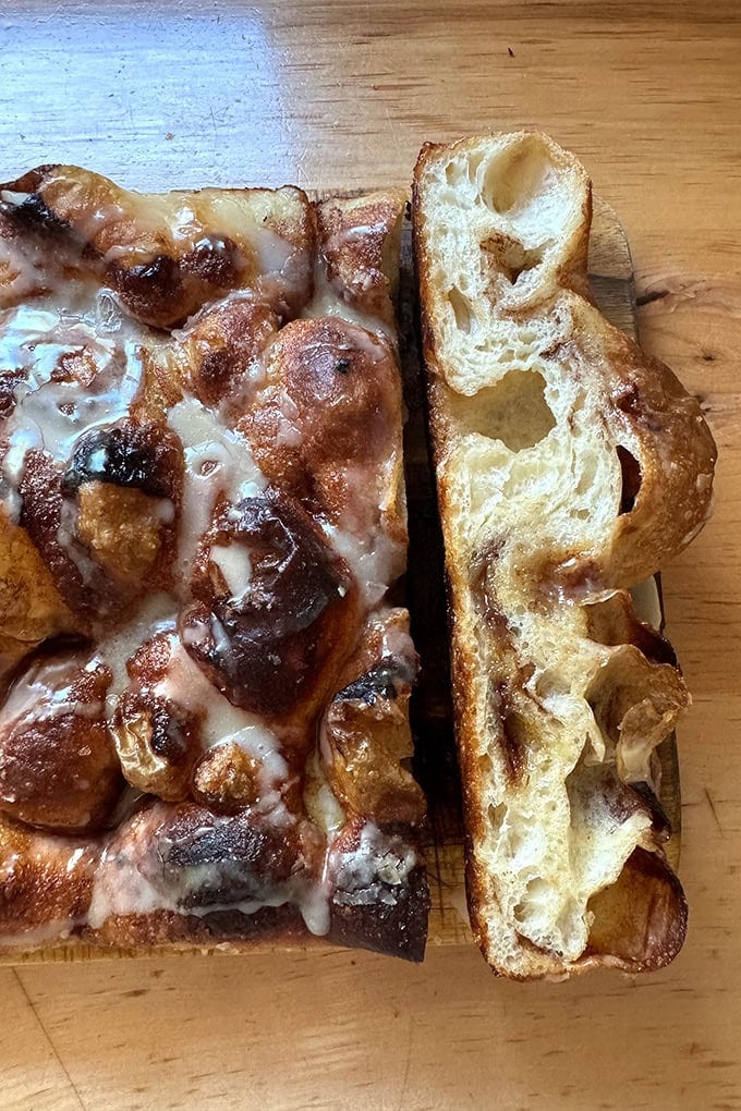 Crumb shot of the cinnamon sugar focaccia. 