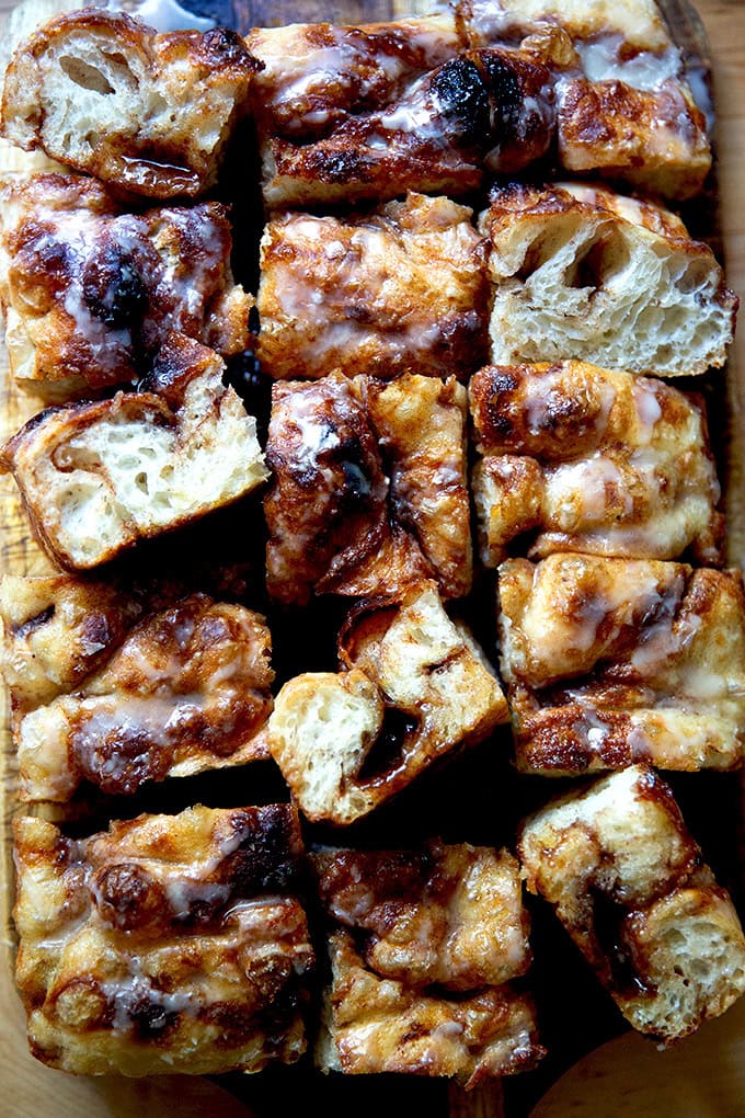 Crumb shots of cinnamon-sugar focaccia.