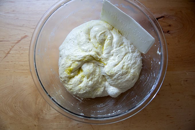 Focaccia dough deflated after 2 days in the fridge.