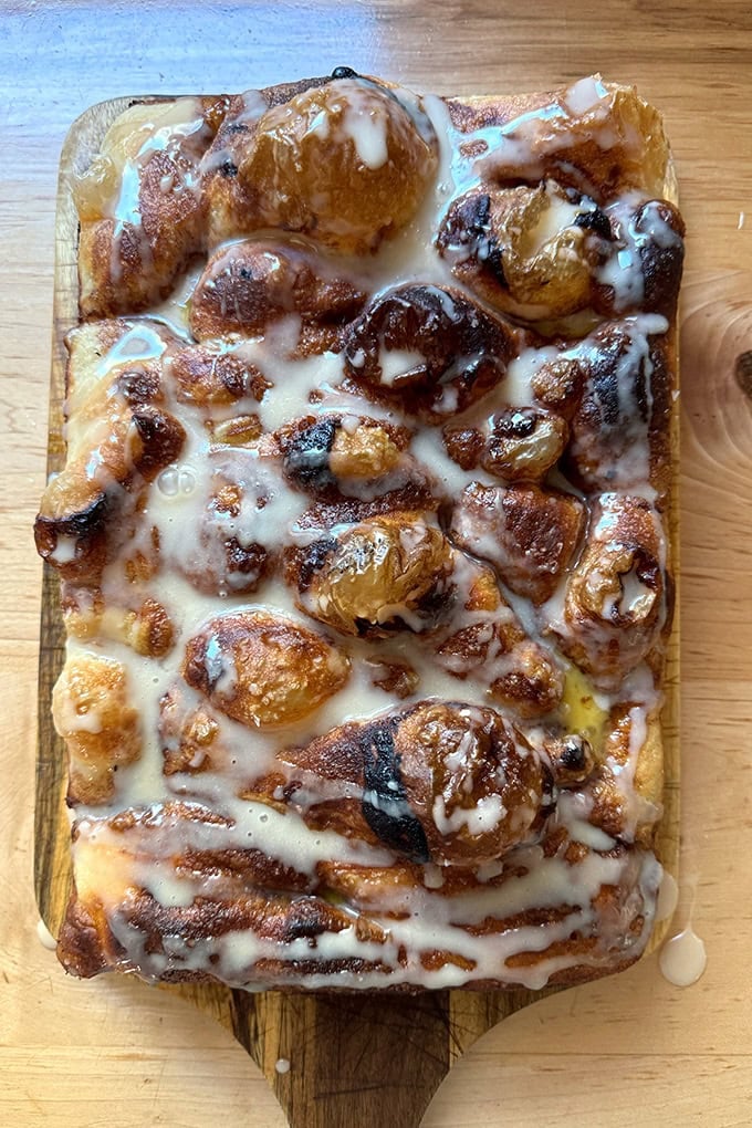 A glazed cinnamon-sugar focaccia. 
