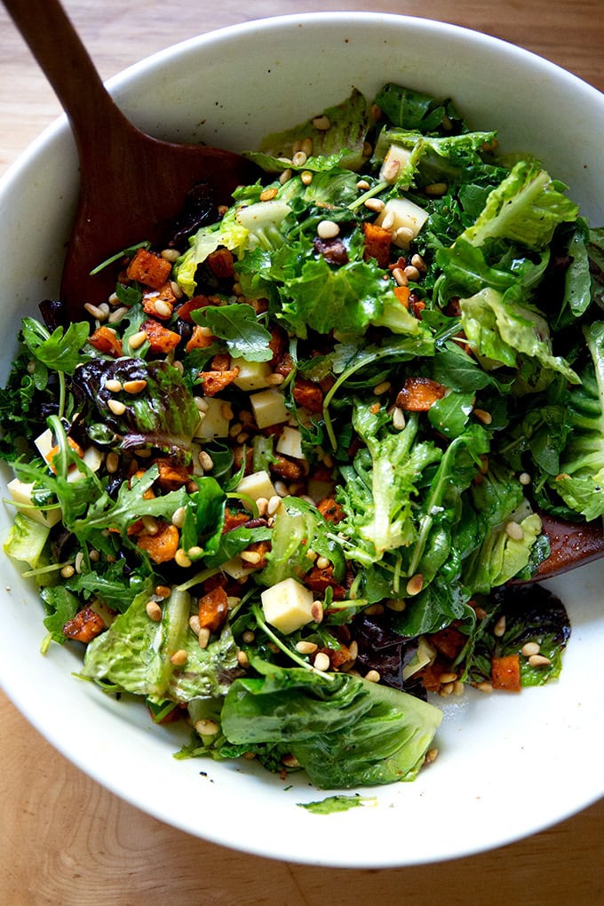 A tossed sweet potato salad with gruyere, toasted pine nuts and apple cider vinaigrette.