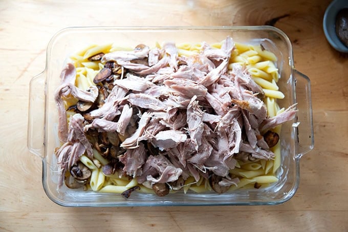 Turkey added to a 9x13-inch baking dish filled with pasta and sauteed mushrooms for Turkey Tetrazzini.