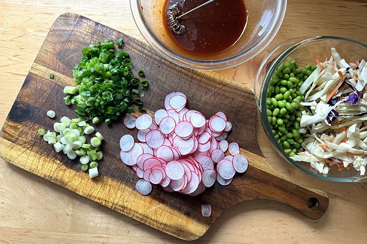 Prep for the gochujang chicken and rice bowls.