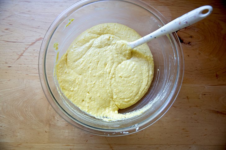Cornbread batter, all mixed together, in a large bowl.