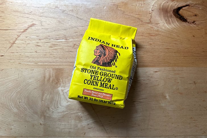 A bag of Indian Head stone ground yellow cornmeal.