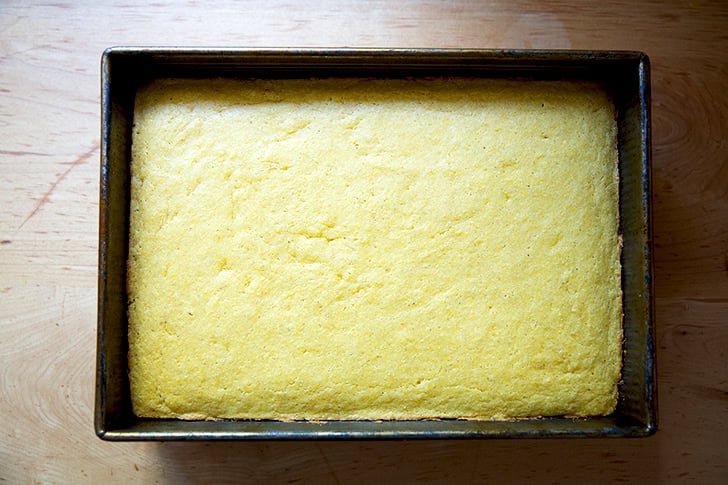 Just-baked cornbread in a 9x13-inch pan.