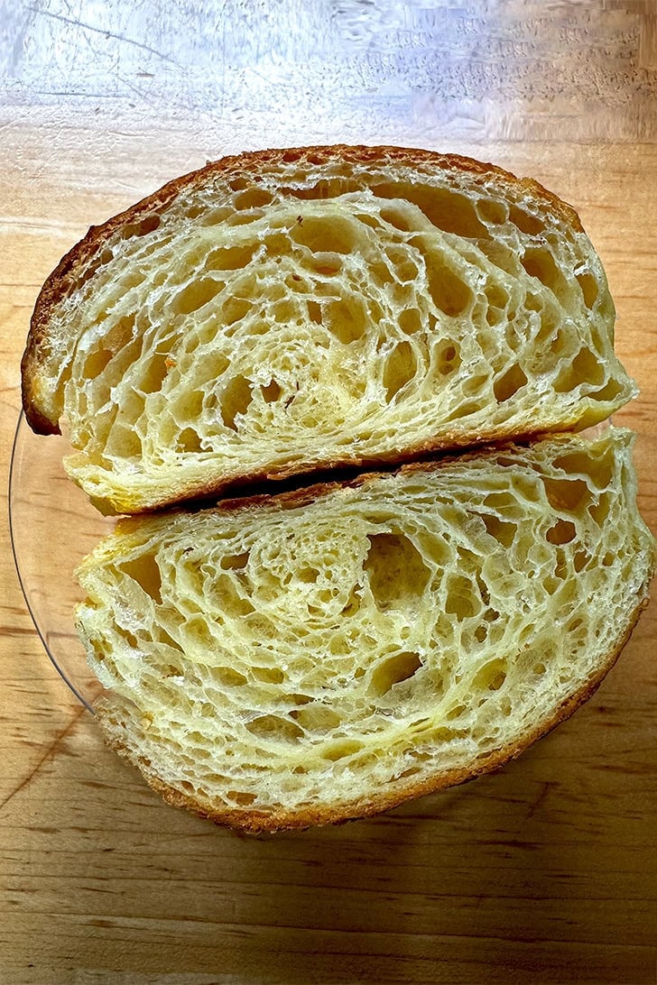 A halved croissant made with cheater's croissant dough.