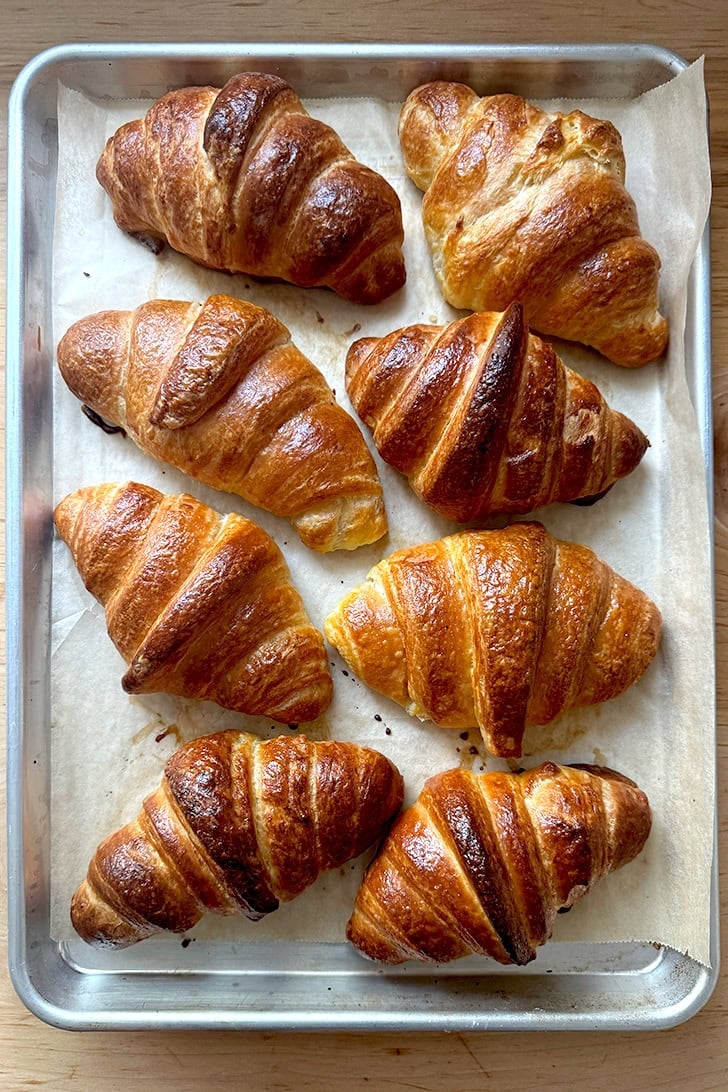 Eight croissants, freshly baked, on a sheet pan.